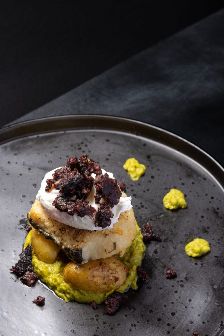 Joe Seddon Cod fillet poached egg and garlic roasted potato