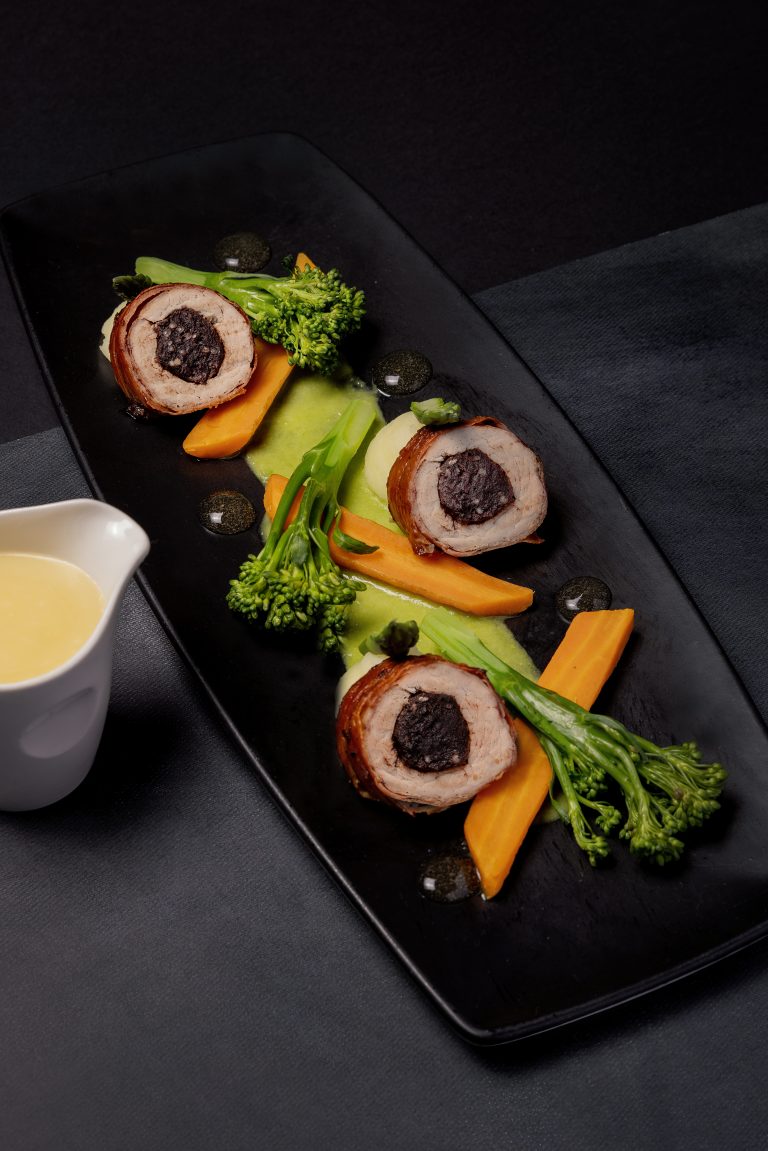 Lucy Boardman Pork FIllet stuffed with black pudding and wrapped in prosciutto